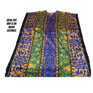 Vibrant Blue Gold Graphic Patterned Kaftan Cover Up Satin Bold Vintage